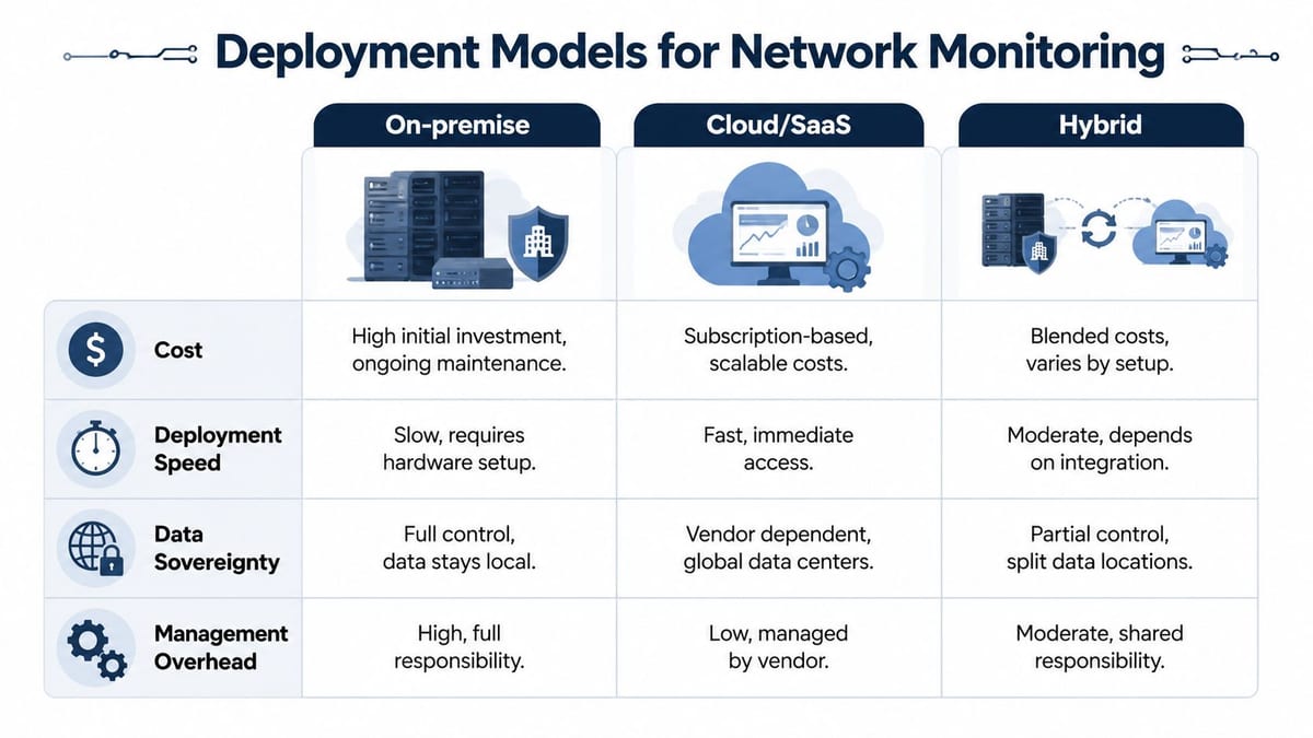 A comparison chart showing the differences between on-premise, cloud, and hybrid network monitoring deployment models.