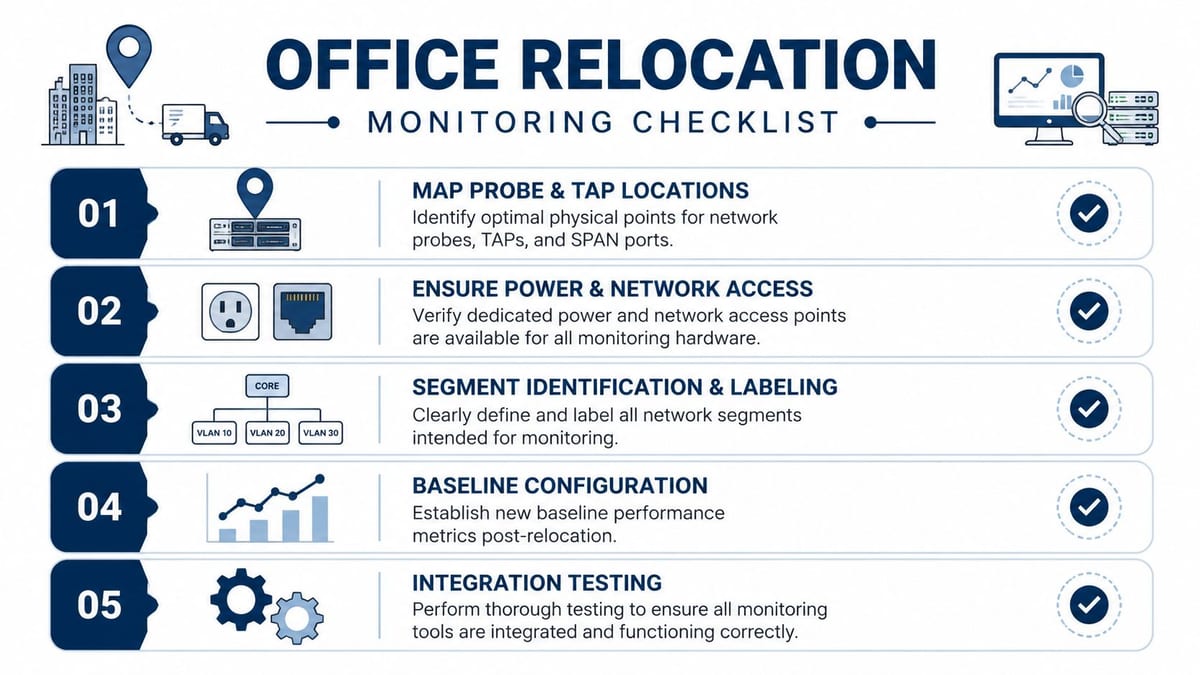 A checklist showing five steps for monitoring network infrastructure during an office relocation process.