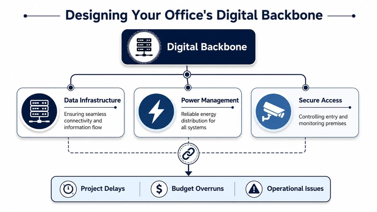 A diagram illustrating the three pillars of office digital backbone design: data infrastructure, power management, and secure access.