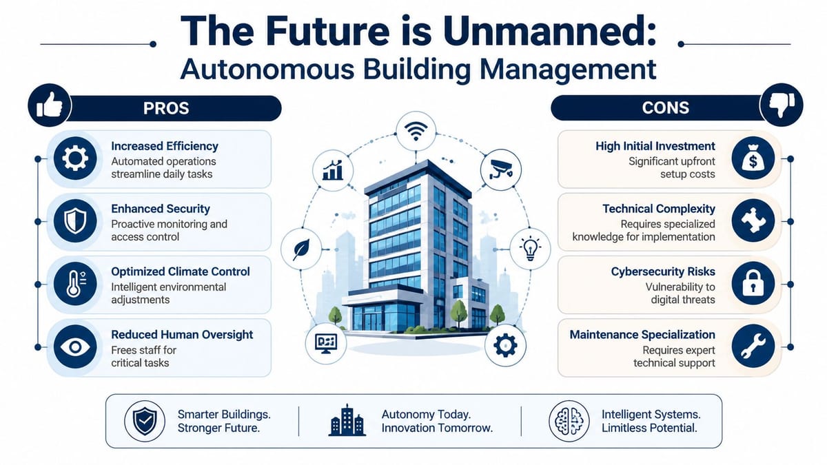 An infographic titled The Future is Unmanned showcasing the pros and cons of autonomous building management systems.