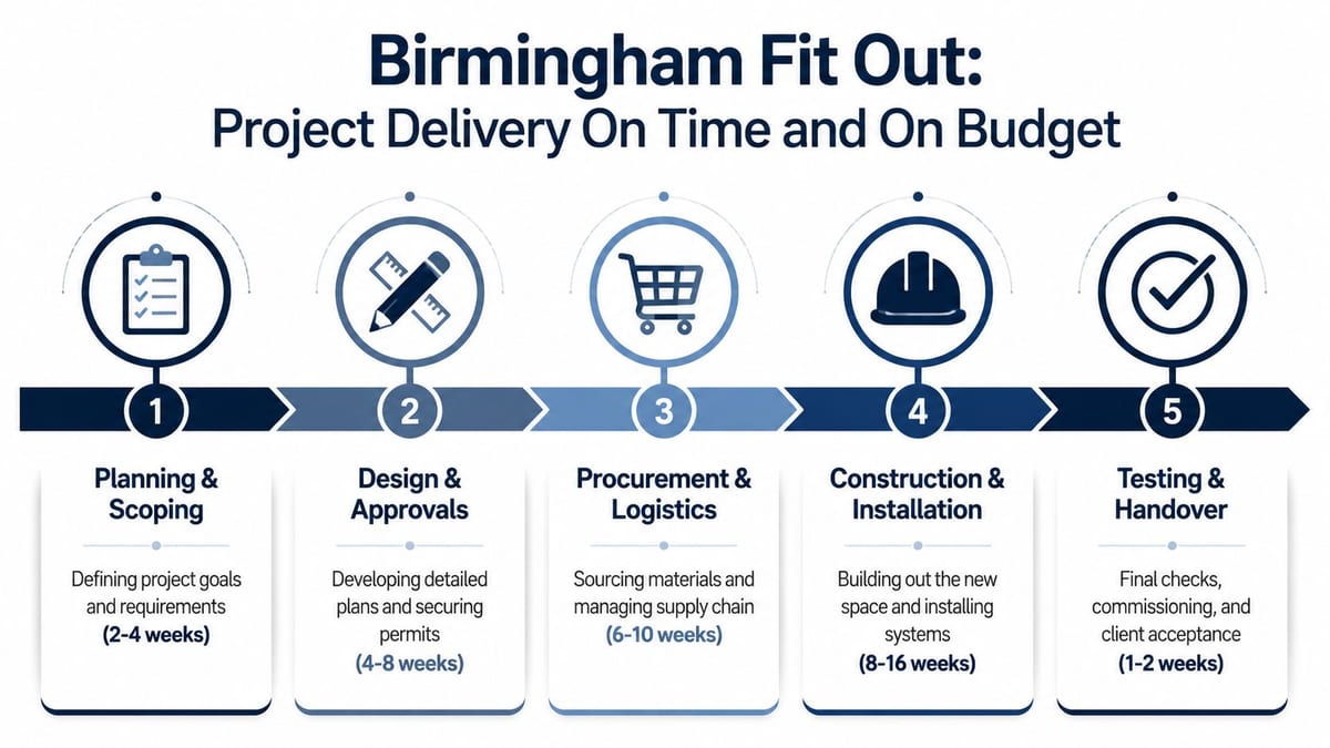 A five-step process diagram illustrating the timeline for a professional office fit out project in Birmingham.