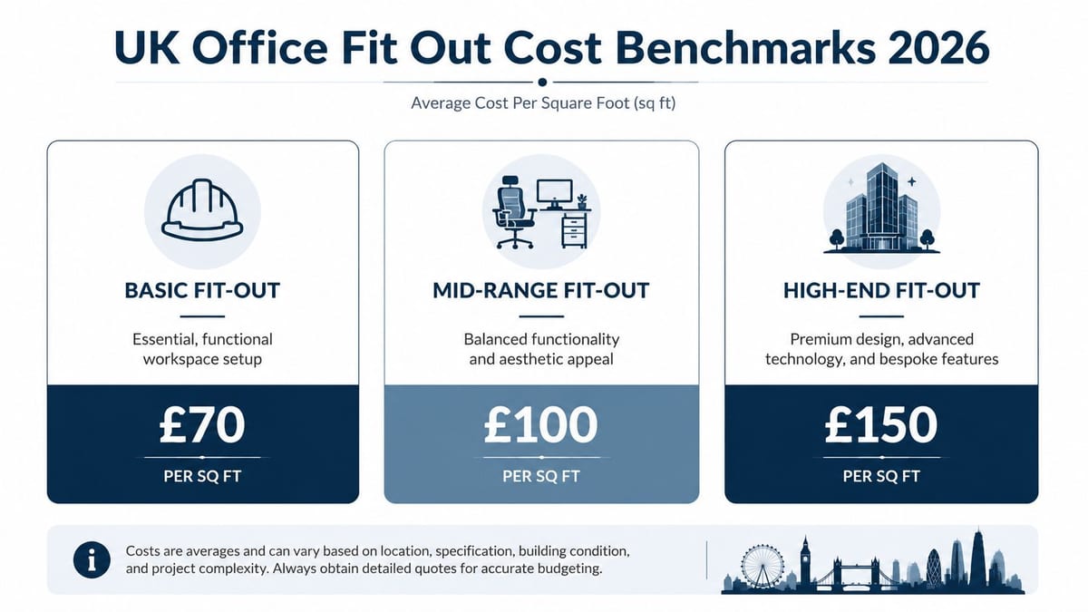 A graphic showing UK office fit out cost benchmarks for 2026, categorized by basic, mid-range, and high-end levels.