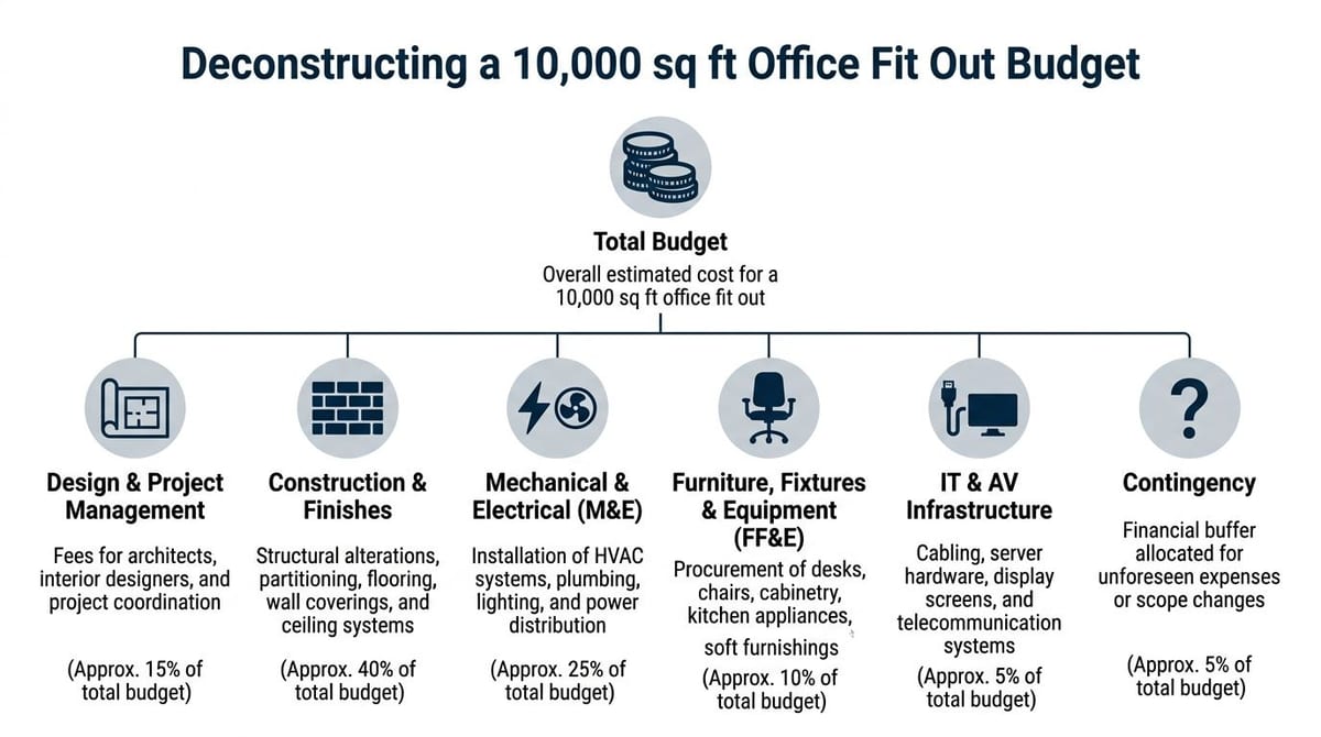 A diagram illustrating the percentage breakdown of a 10,000 square foot office fit out budget.