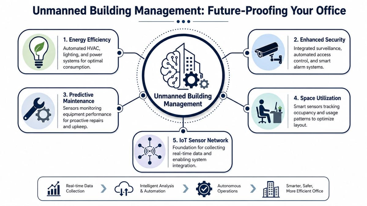 A diagram illustrating the benefits of unmanned building management systems for creating efficient, smart office spaces.