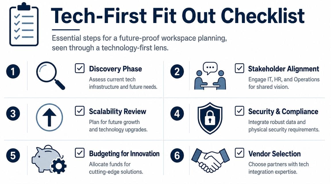 A checklist infographic outlining essential steps for planning a technology-first office workspace fit out.