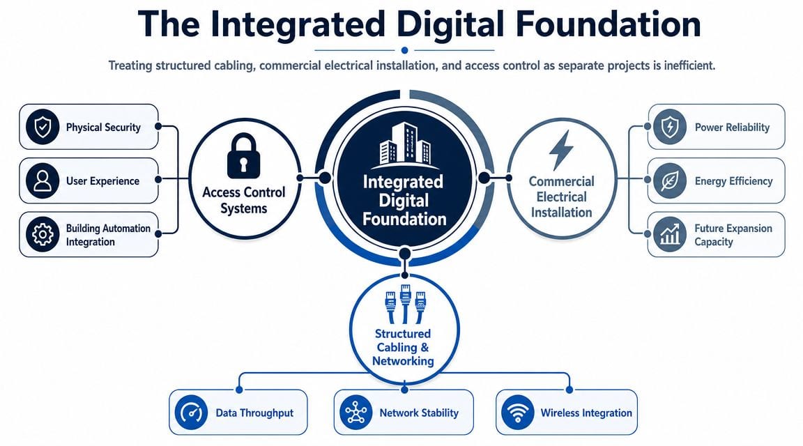 A diagram illustrating an integrated digital foundation for buildings, linking access control, electrical, and networking infrastructure.