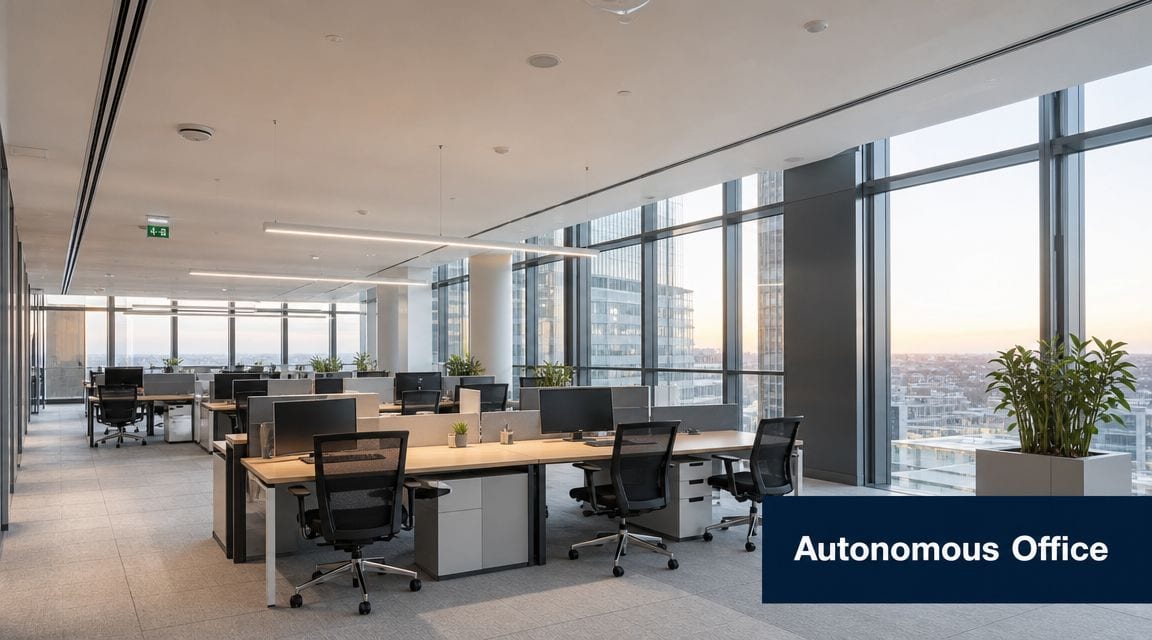 A modern, bright open-plan office space featuring organized desks, computer workstations, and large floor-to-ceiling windows.