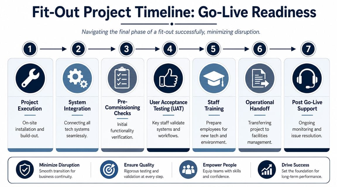 A seven-step project timeline flowchart for fit-out go-live readiness, illustrating the final stages of installation.