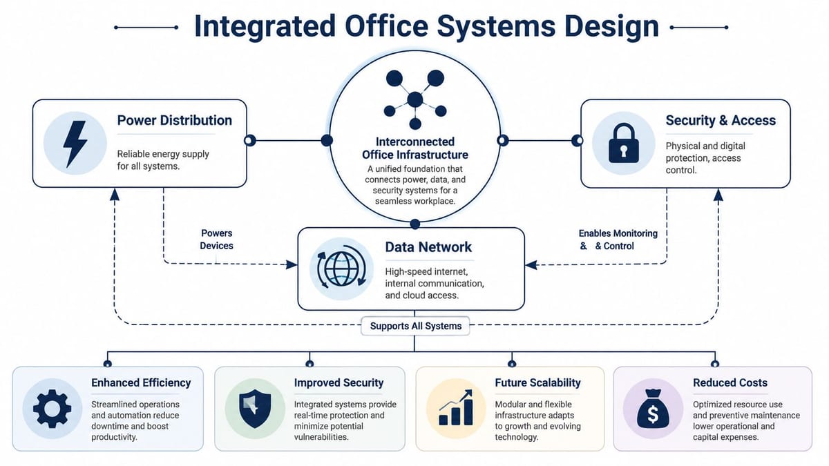 A diagram illustrating an integrated office systems design, connecting power, data, and security infrastructure for optimal efficiency.