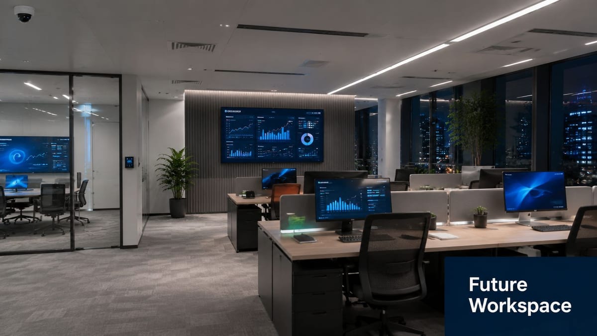 A modern office interior featuring workstations, computer screens displaying data charts, and large windows at night.