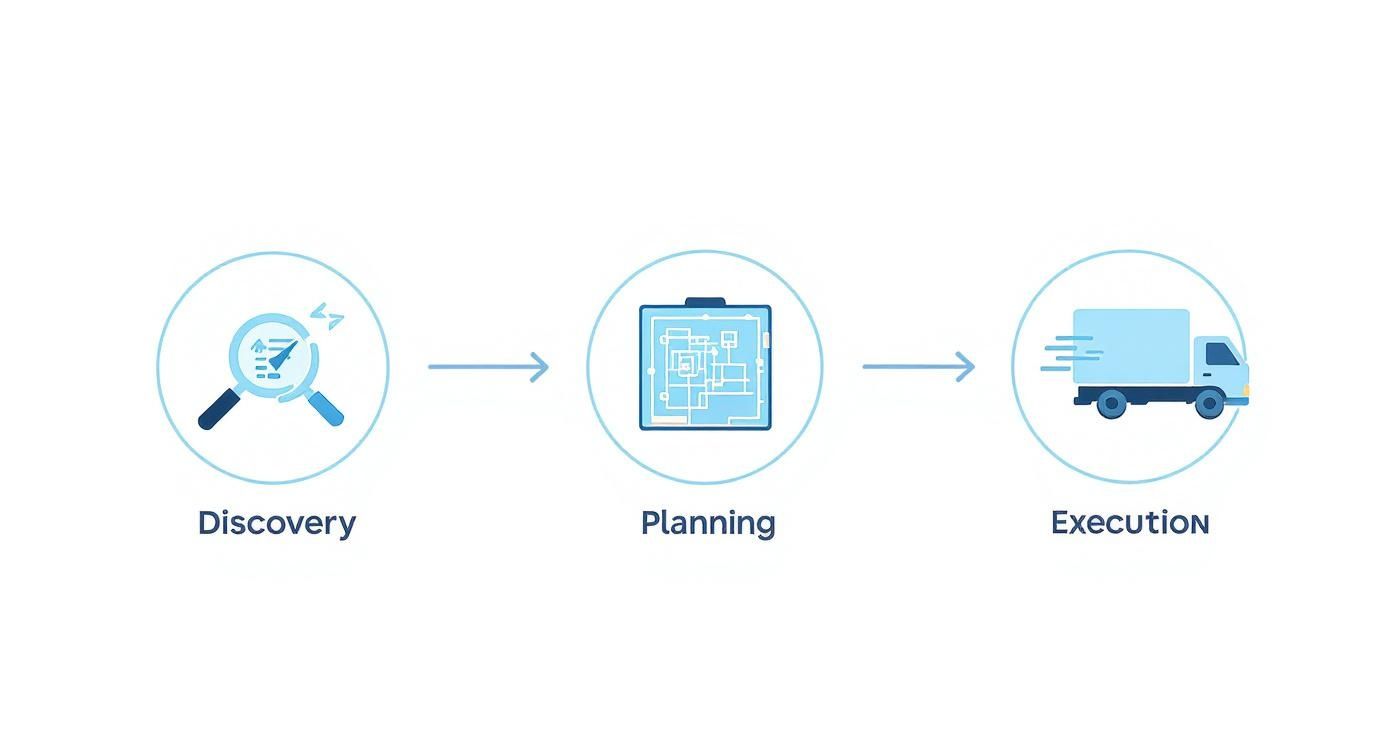 Three-stage office relocation project management process showing discovery, planning, and execution phases with icons