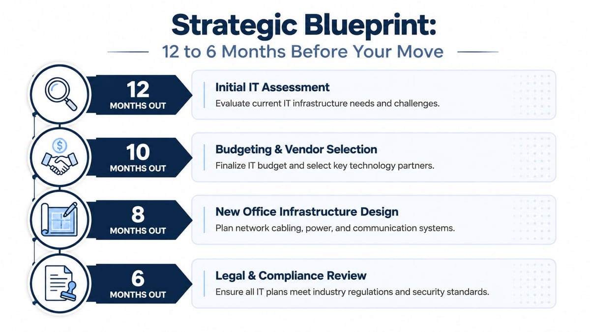 A strategic blueprint timeline for office relocation showing IT planning steps from twelve to six months out.