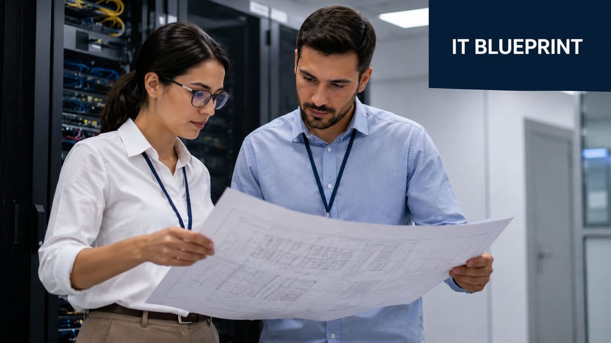 A man and a woman in an IT room examining a printed floor plan for office infrastructure.