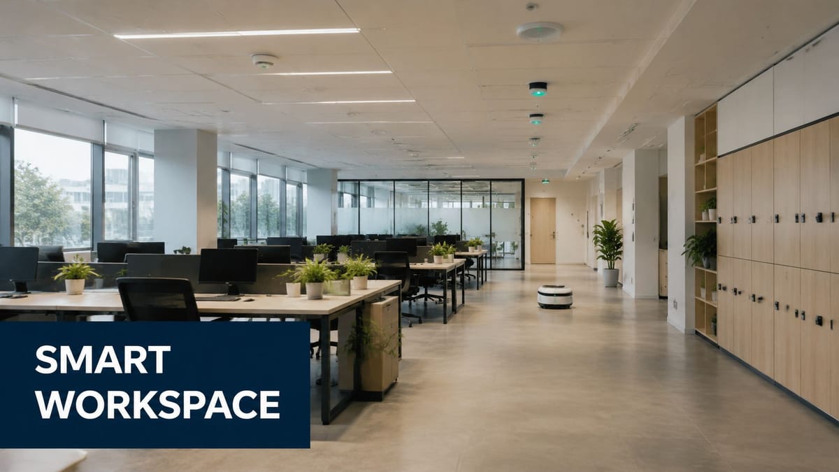 A modern, bright, and organized office workspace with desks, chairs, plants, and an automated cleaning robot.