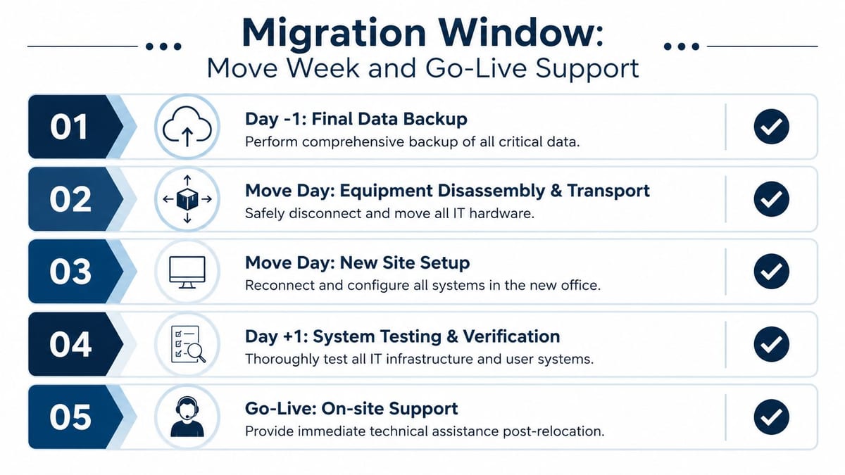 A five-step checklist illustrating the migration window for office relocation, including data backup, transport, setup, and support.