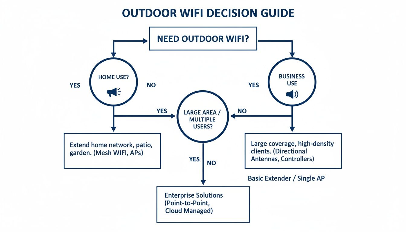 Flowchart showing outdoor WiFi decision guide for home and business use, leading to various solutions.