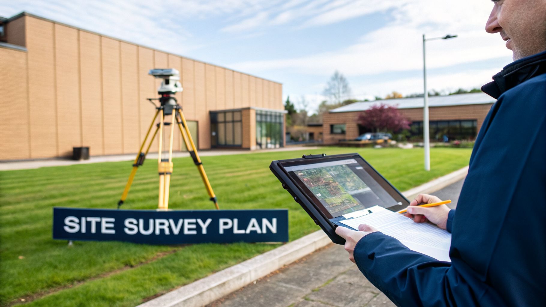 Surveyor uses a tablet and notes at a site with a laser scanner and 'SITE SURVEY PLAN' sign.