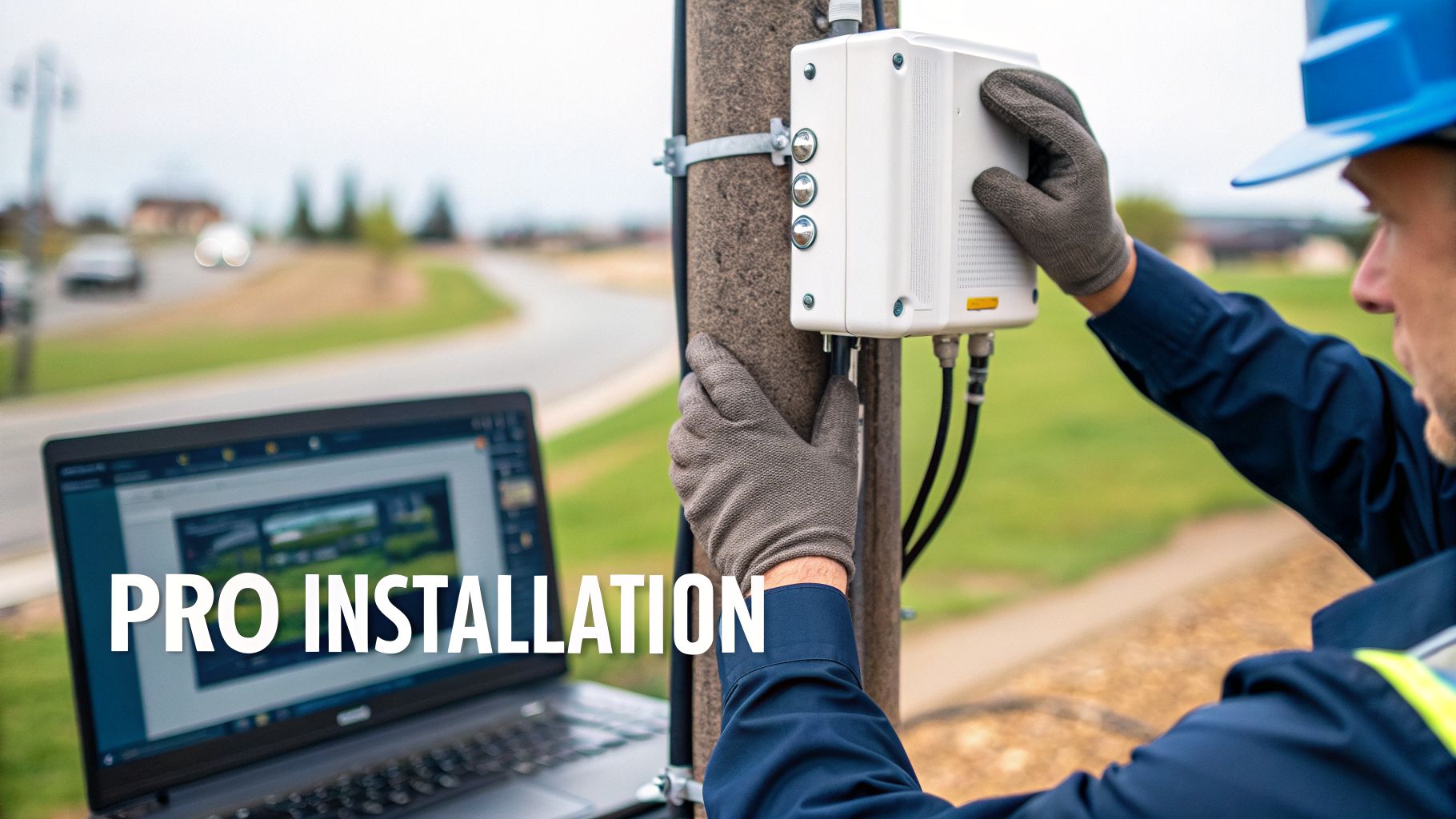 A technician in a hard hat installing an outdoor networking device on a pole with a laptop nearby.