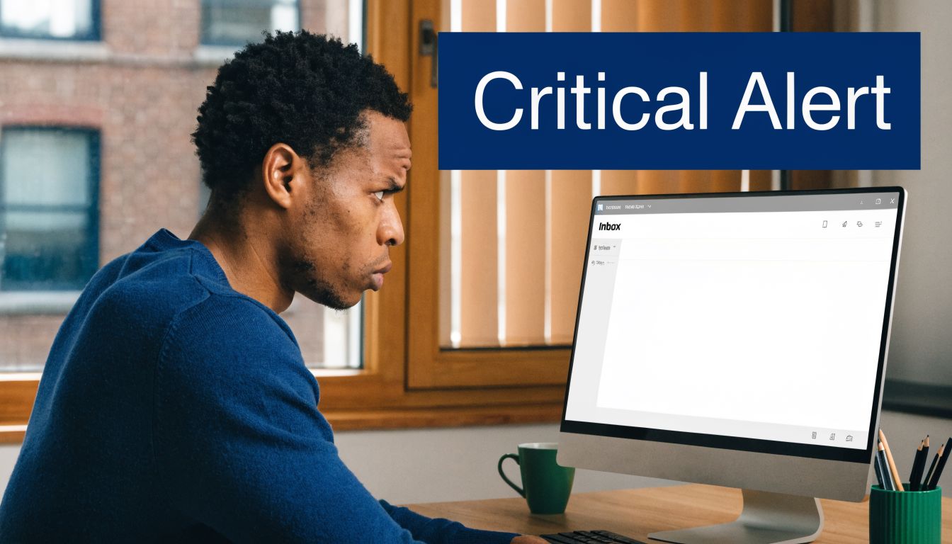 A focused man looking concerned at his computer screen while checking an empty Outlook inbox folder.