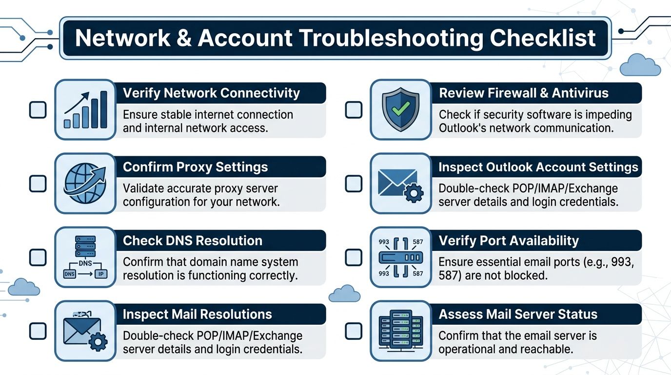 A professional infographic titled Network and Account Troubleshooting Checklist detailing steps to resolve Outlook email issues.