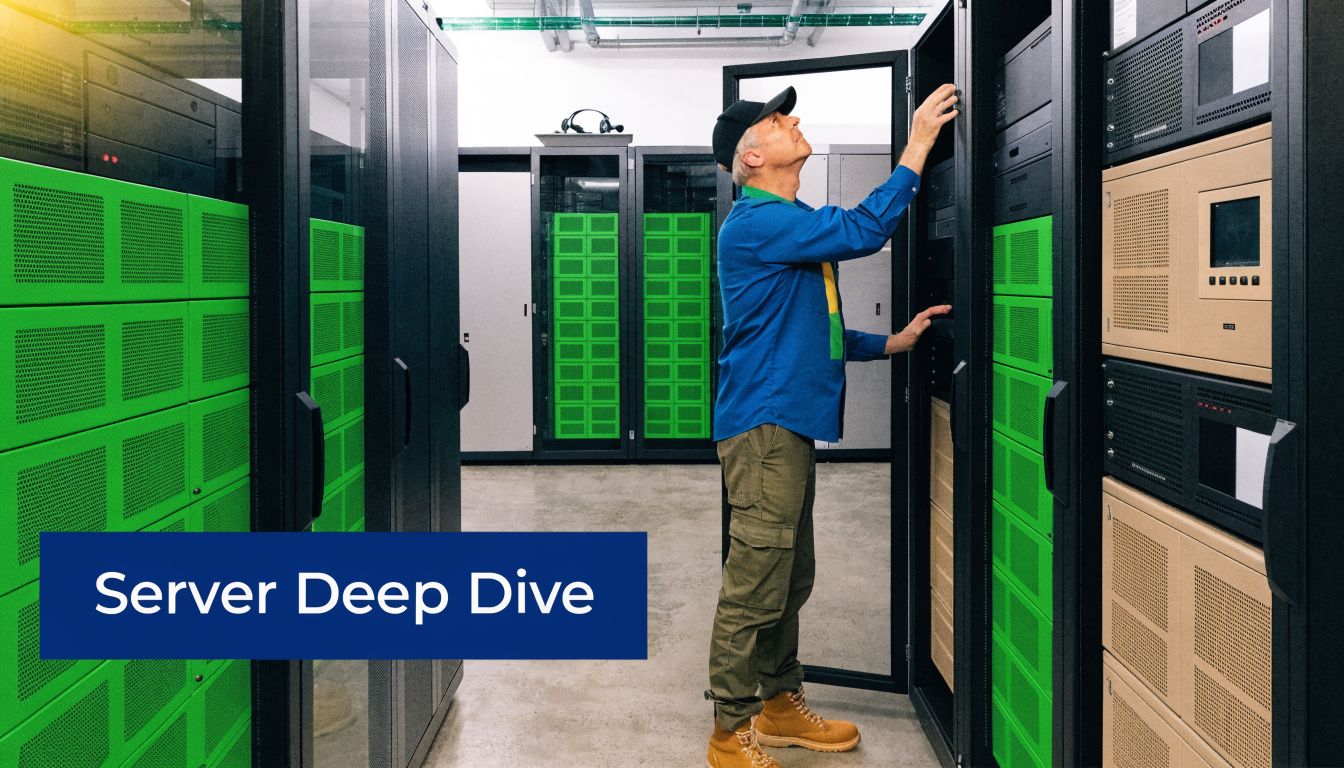 A technician inspecting equipment inside a modern server room filled with rows of black server cabinets.
