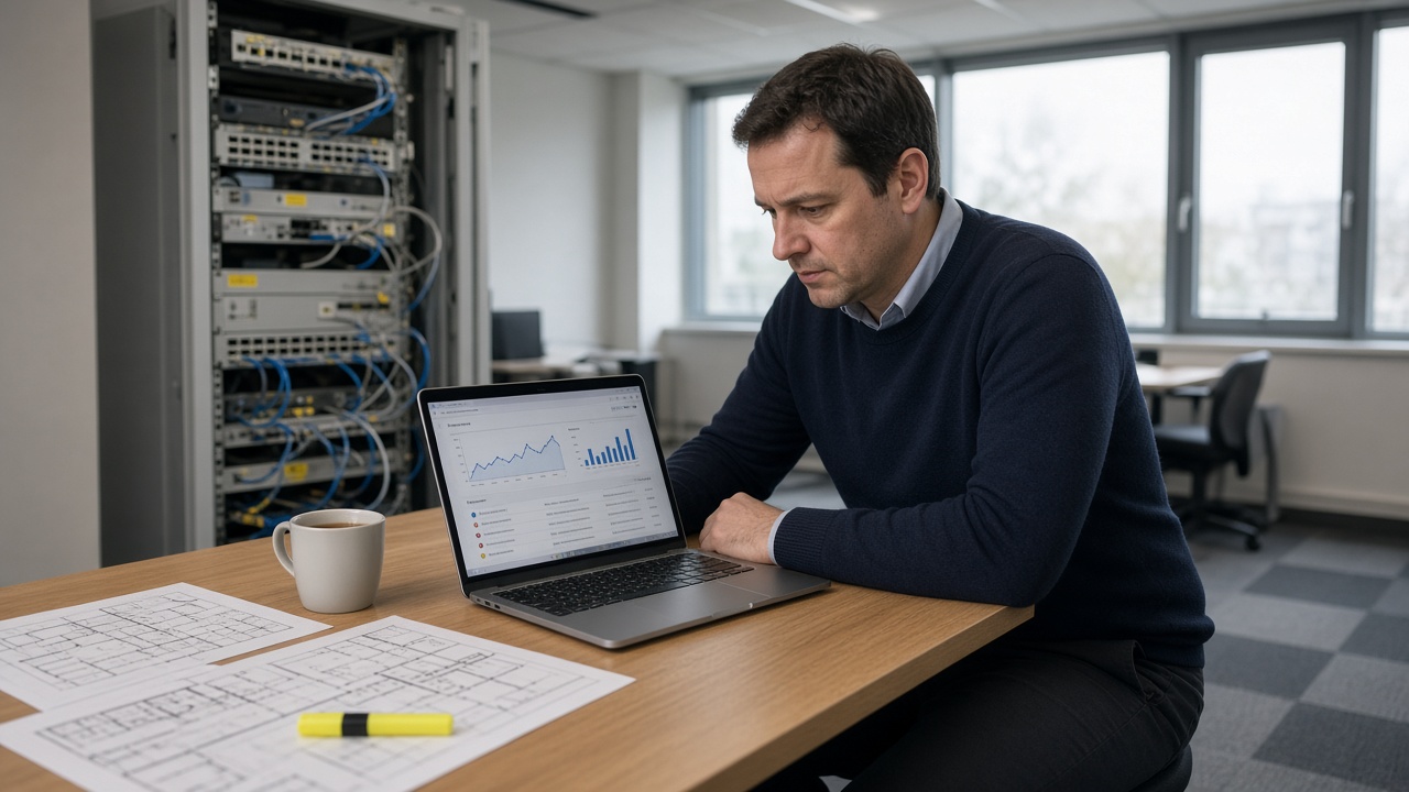 An IT manager reviews website analytics and network floor plans at a desk in a UK office, with a comms cabinet visible behind.
