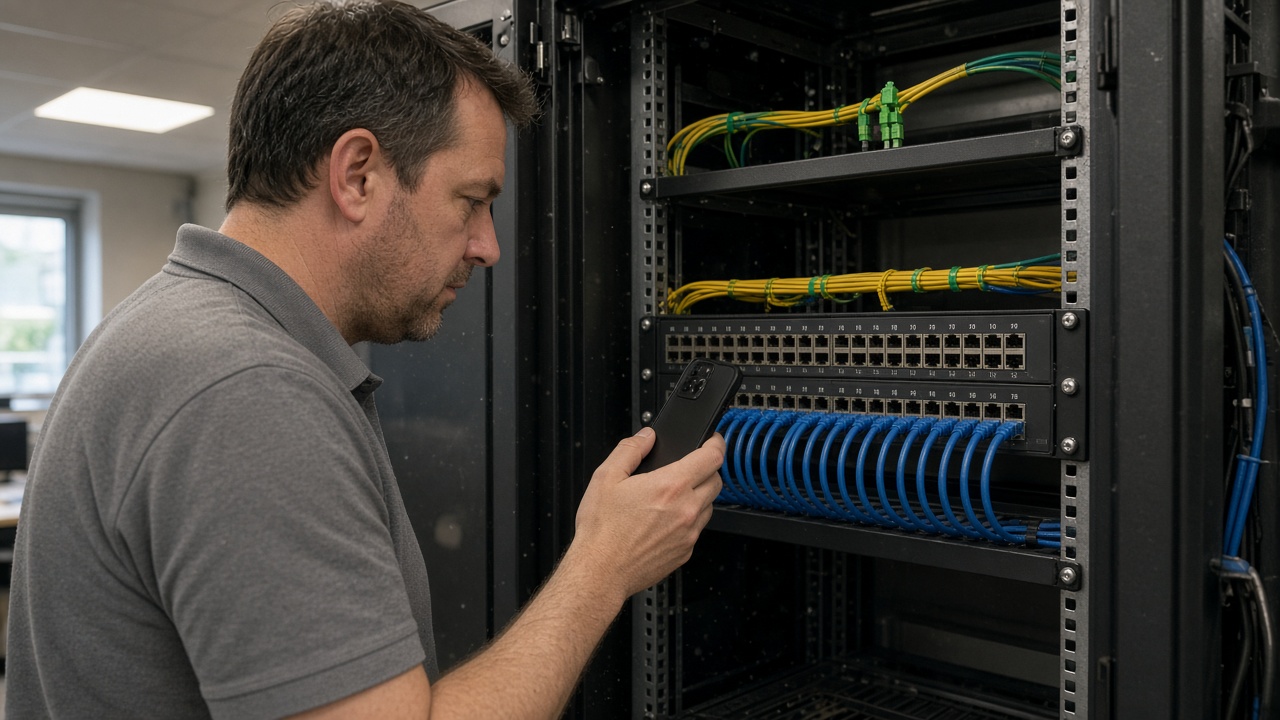An engineer photographs a labelled patch panel in a UK office comms cabinet, recording the installed cabling rather than a generic stock image.