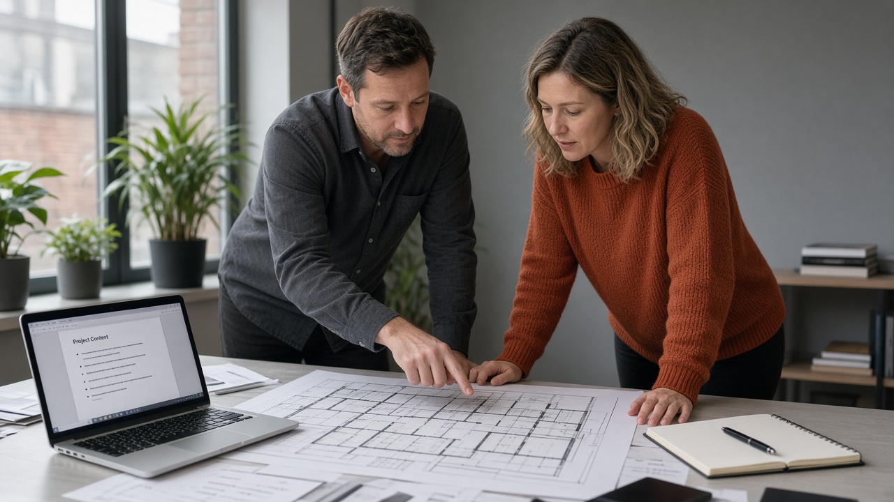 Two colleagues in a UK office review a building floor plan and notes, matching project questions to the pages a reader actually needs.