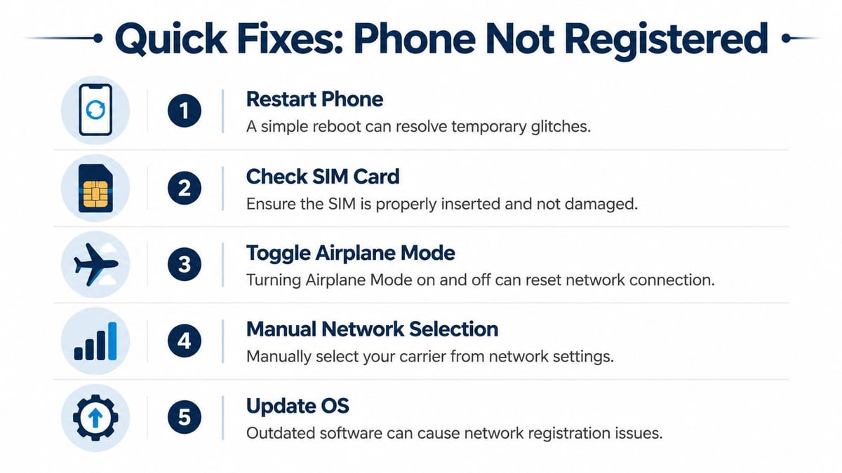 An infographic showing five quick troubleshooting steps to fix a phone that is not registered on network.