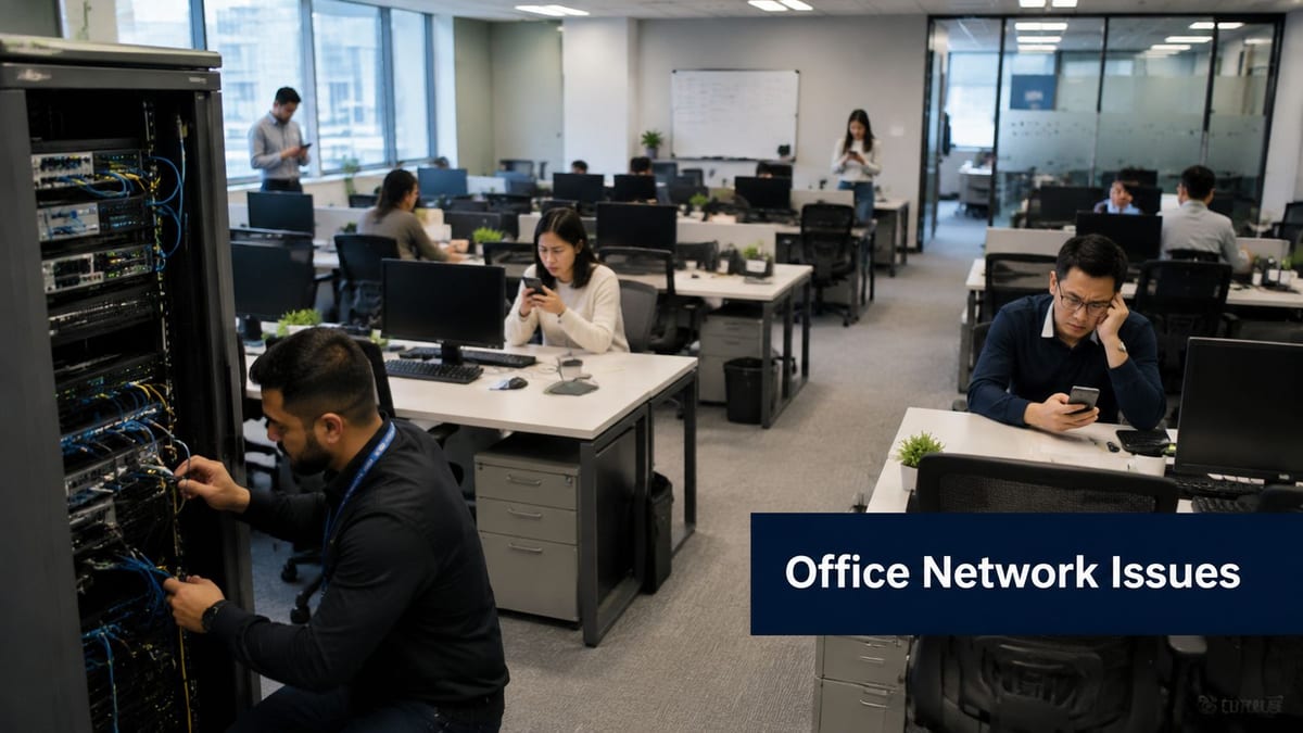 A technician works on server cabling in an office while employees use phones at their desks.