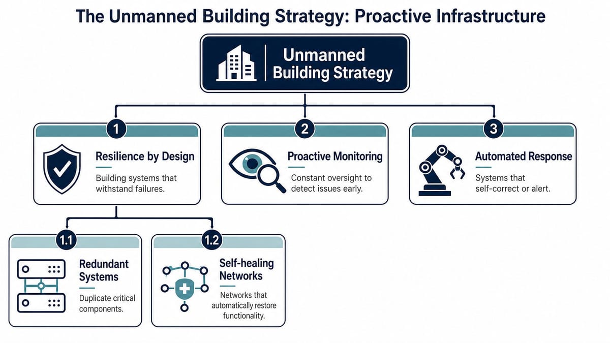 A diagram illustrating the Unmanned Building Strategy featuring resilience, proactive monitoring, and automated response infrastructure components.