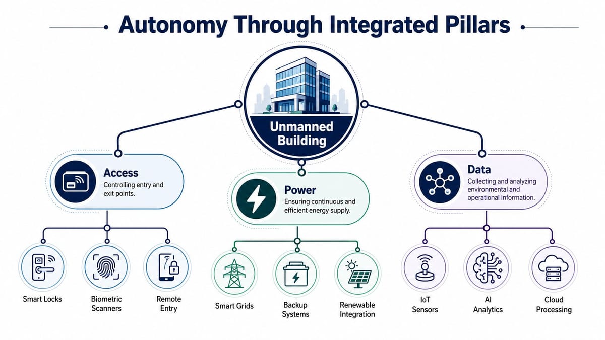 A diagram illustrating how integrated smart technologies like access, power, and data systems enable unmanned buildings.