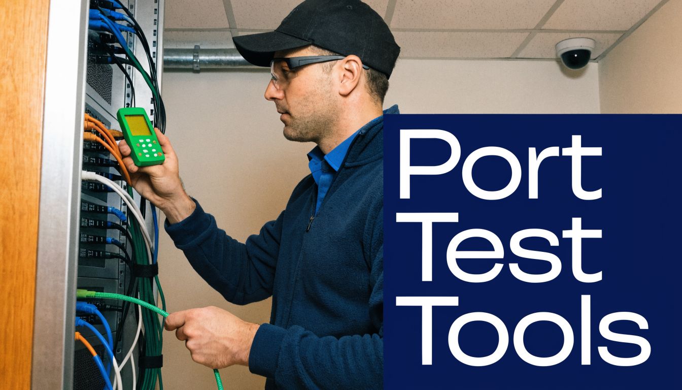 A technician using a handheld diagnostic tool to test network ports in a server rack cabinet.