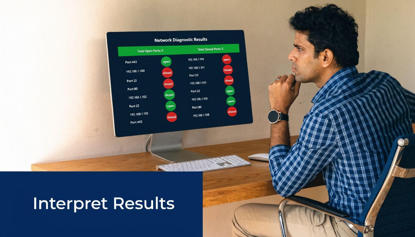 A professional analyzing network diagnostic port results displayed on a desktop computer screen in an office.