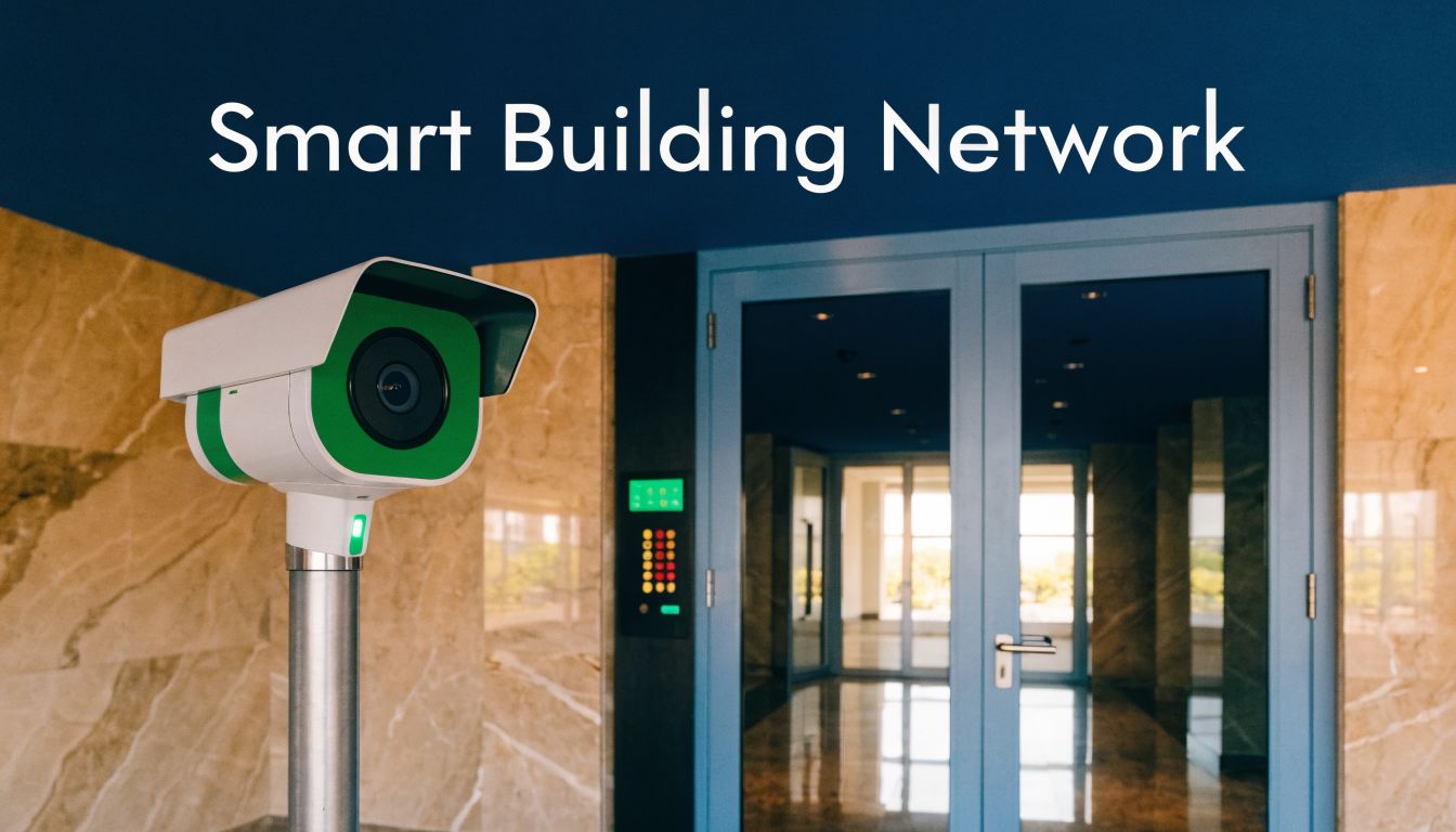 A modern security camera mounted outside a building entrance with a glass door in the background.