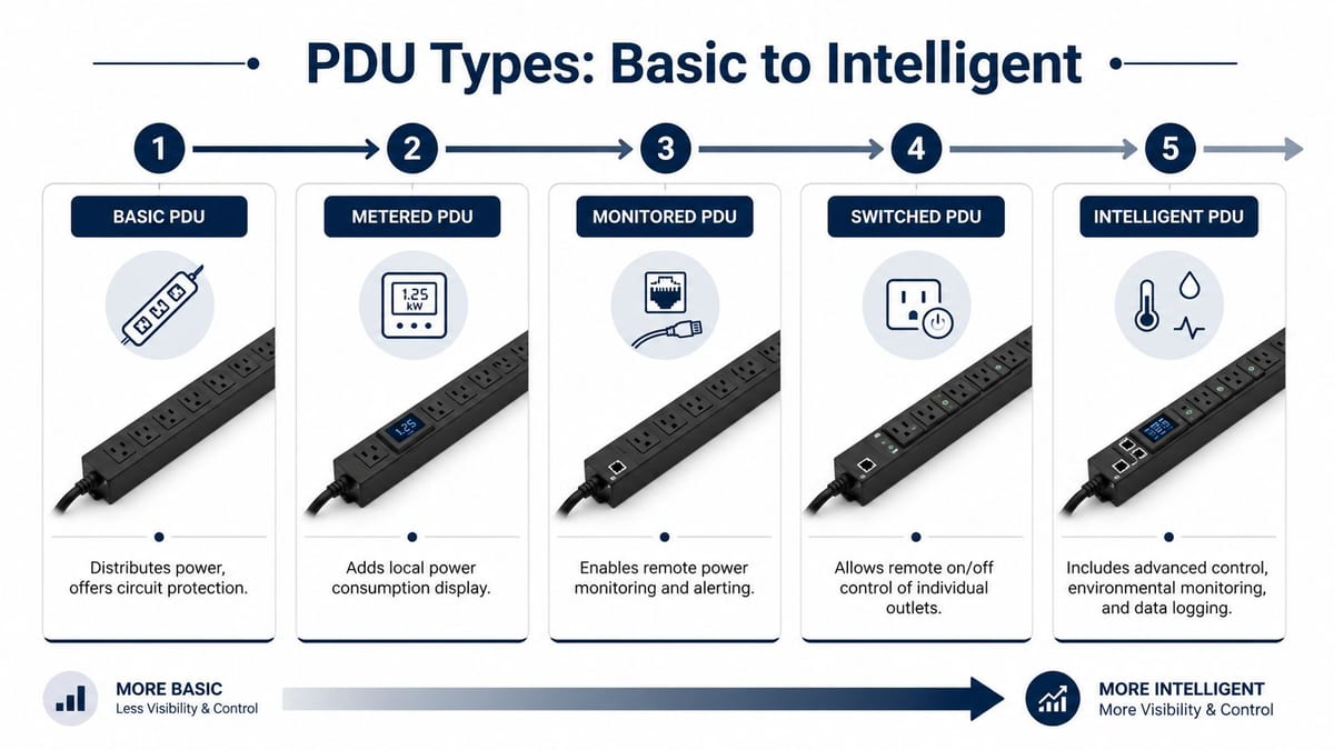 A diagram comparing five types of power distribution units ranging from basic power strips to intelligent units.