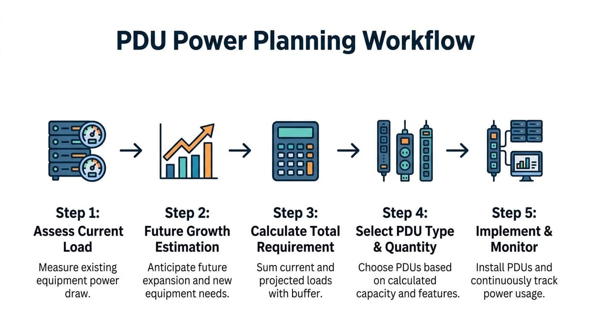 An infographic illustrating a five-step workflow for planning and managing power distribution units in a data center.