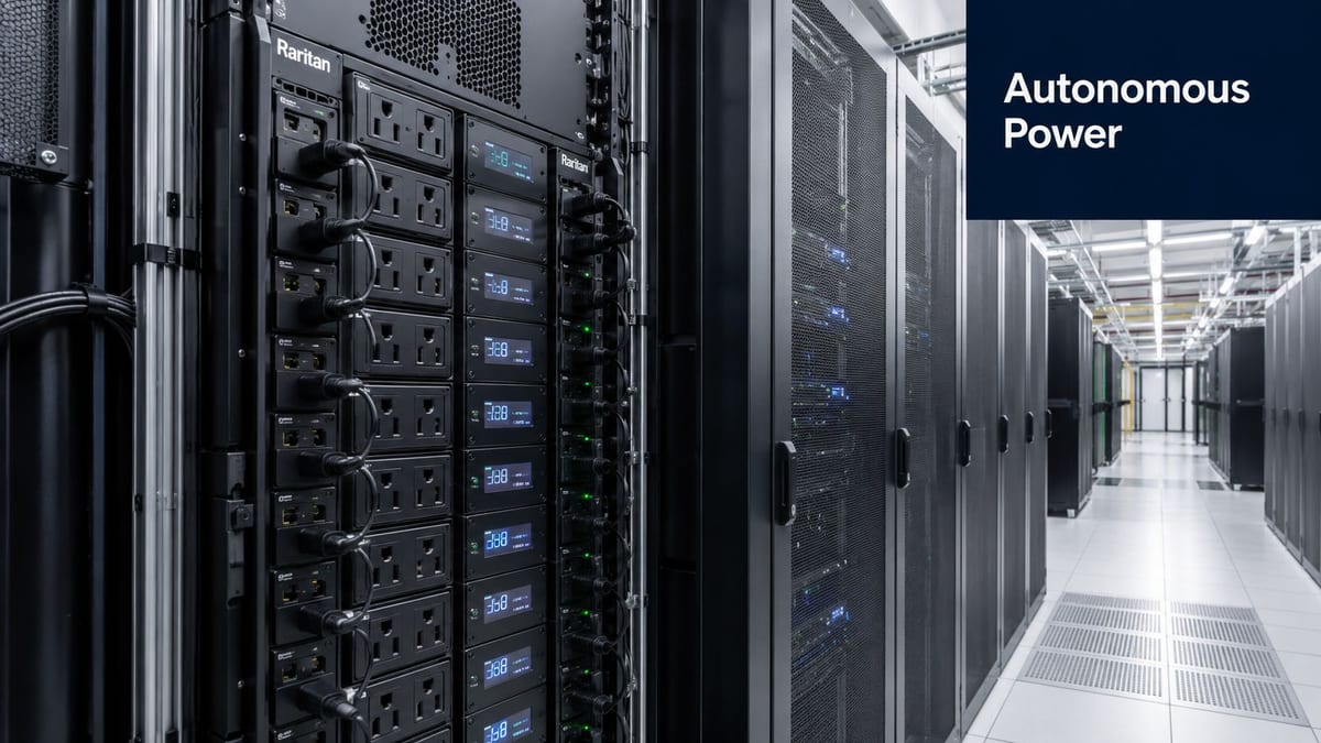 A close up view of Raritan power distribution units mounted in a data center server rack row.