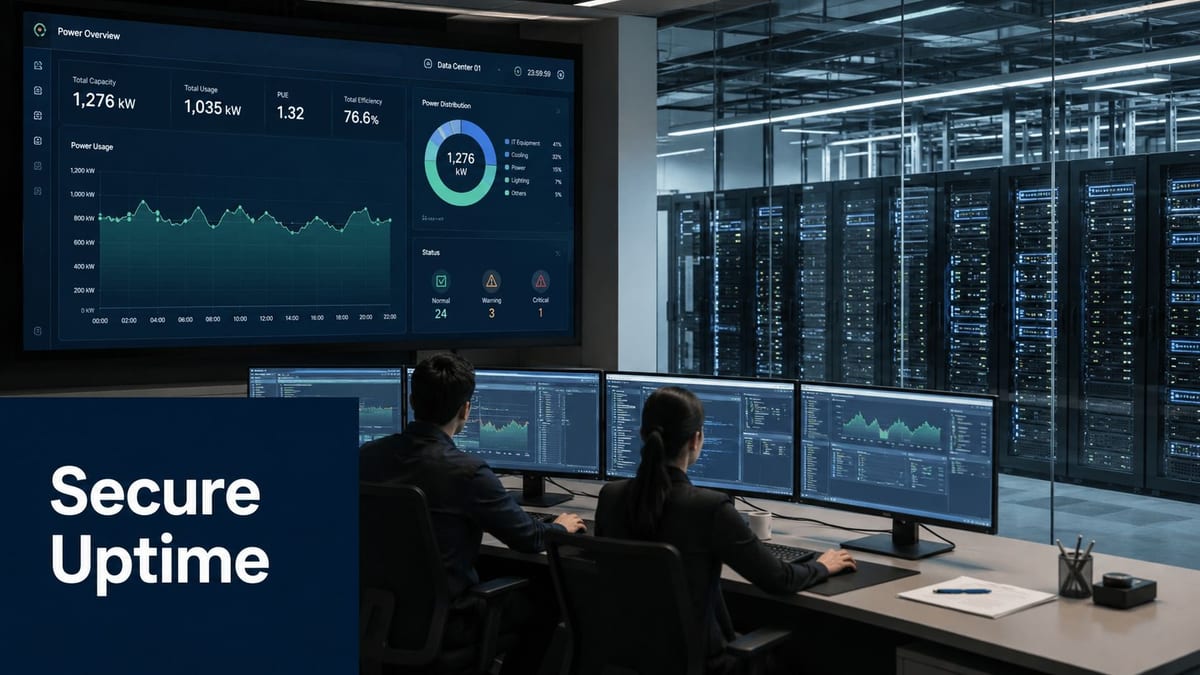 Two data center technicians monitoring power consumption metrics and server status on large digital dashboards in a facility.