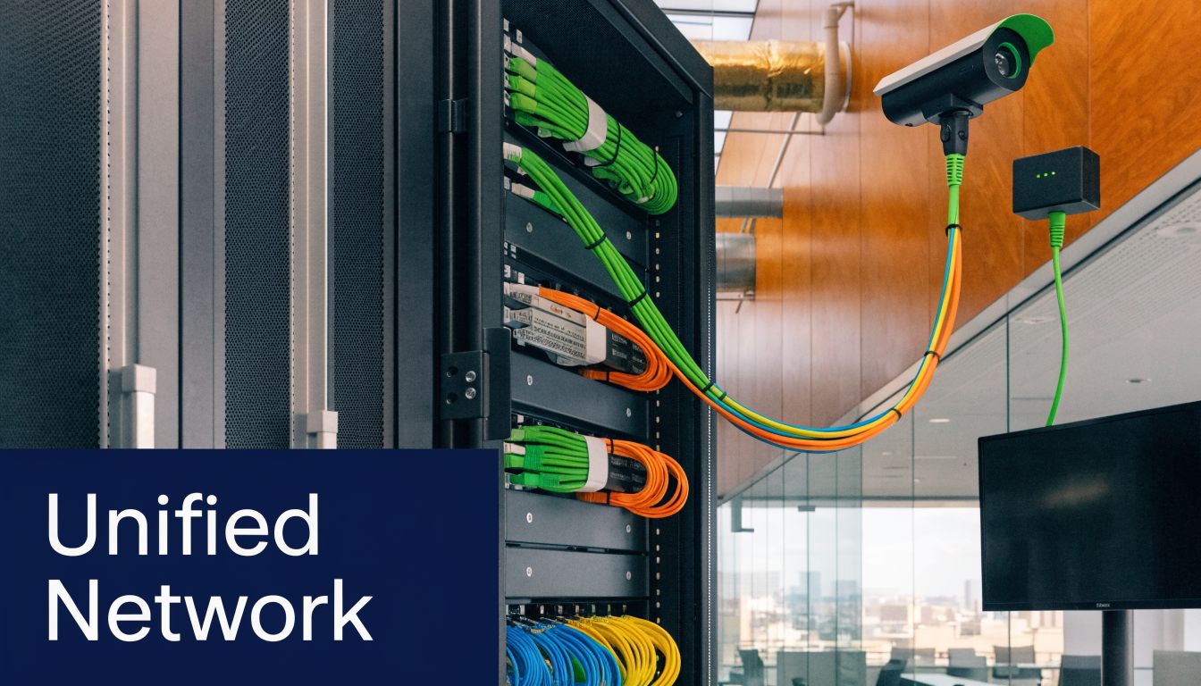 A server rack connected to a surveillance camera and a digital display screen via ethernet cabling.