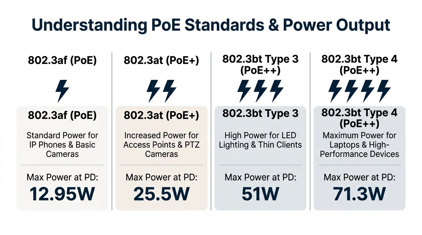 A chart comparing PoE standards, outlining power outputs and typical device usage for Ethernet cabling technologies.