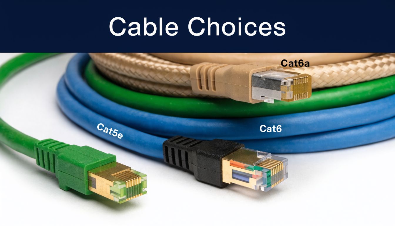 A close-up view of three Ethernet network cables labeled Cat5e, Cat6, and Cat6a on a white surface.
