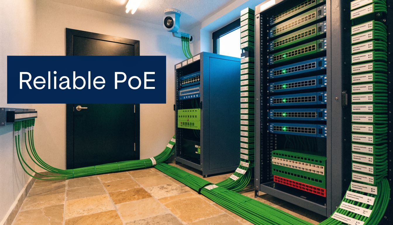 A server room featuring organized green cabling connected to networking racks for reliable Power over Ethernet infrastructure.