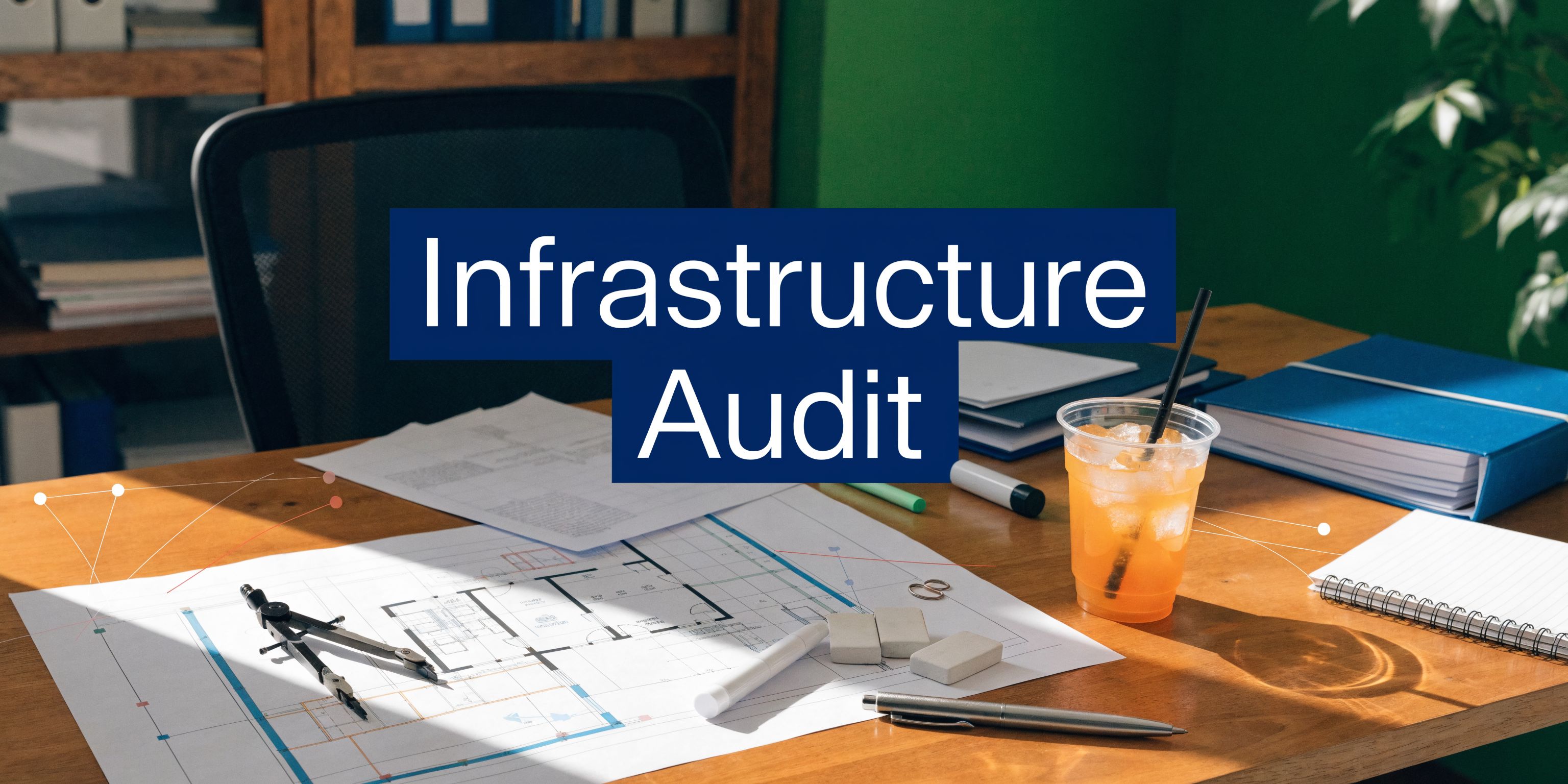 A professional office desk with architectural blueprints, drawing tools, and an orange drink labeled Infrastructure Audit.