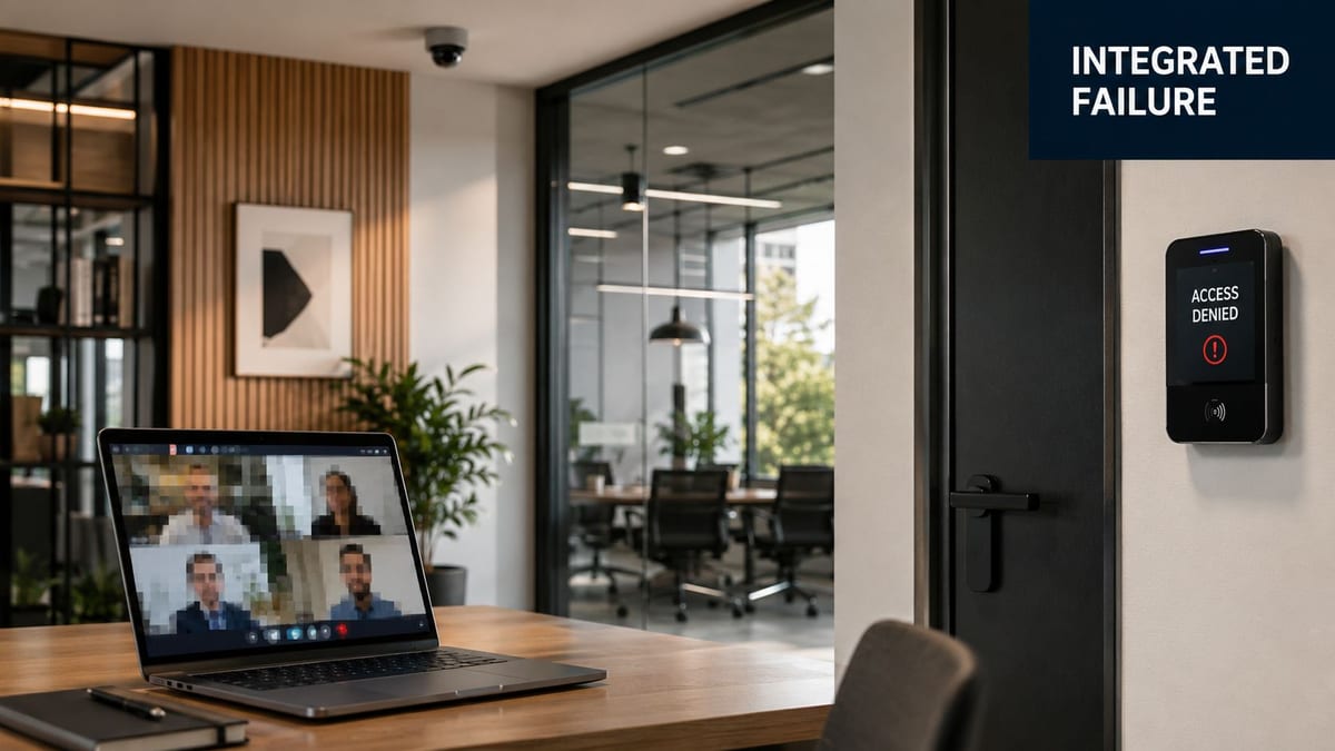 A modern office desk with a laptop displaying a video conference and an access denied security panel.