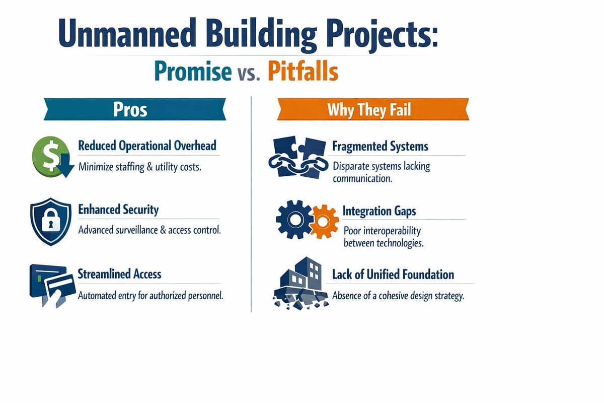 An infographic comparing the benefits and challenges of implementing unmanned building projects in a professional setting.