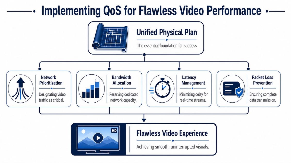 A flowchart diagram illustrating the steps for implementing quality of service to ensure flawless video performance.