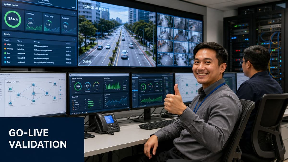 A smiling IT technician in a network operations center gives a thumbs-up in front of monitoring dashboards.