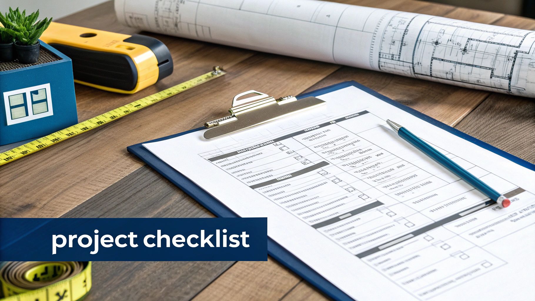 A construction project checklist with blueprints, measuring tape, and a small house model on a wooden desk.