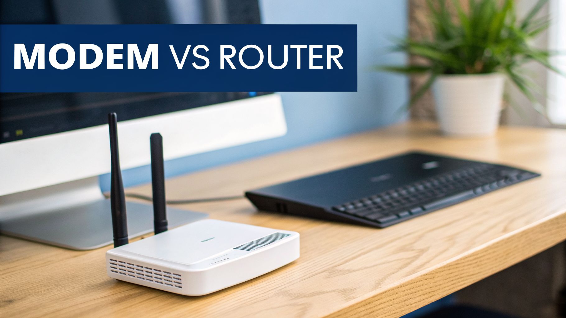 White wireless modem/router on a wooden desk with a computer and laptop, titled 'MODEM VS ROUTER'.